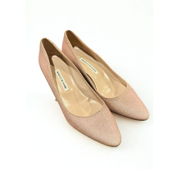 Manolo Blahnik “Okkato” Glitter Block-Heel Pumps — Champagne Pink, Size 9.5 - Picture 4 of 5